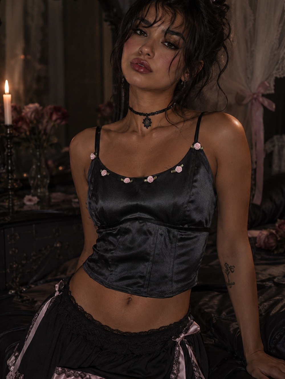 Wild Fable Satin Velvet Rosette Detail Whimsigoth Corset Top Size M NWT